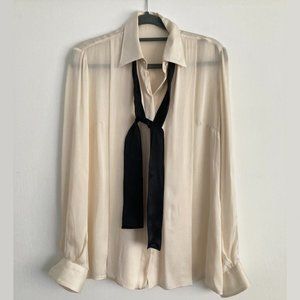 Vintage Dolce & Gabbana Cream Silk Top Black Satin Tie Blouse Small